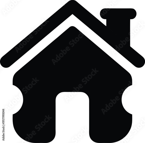 A minimalist black and white house icon design featuring a chimney and simple stylized architecture