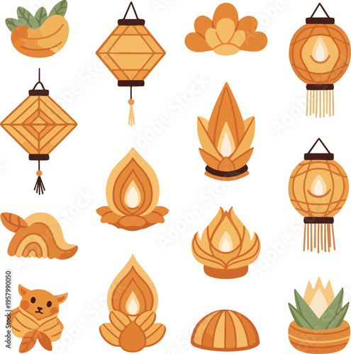 Set of Vesak Day Ornaments with Lanterns and Lotus Flowers in Flat Illustration Style