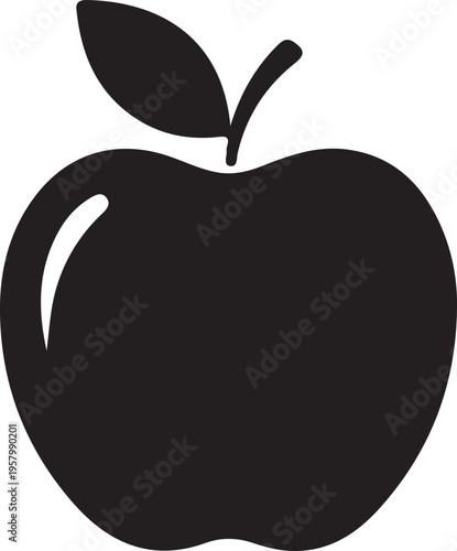 A minimalist black and white vector icon of a fresh apple with a single stem and leaf attached