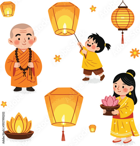 Vesak Day Celebration Set with Buddhist Monk, Children Releasing Sky Lanterns and Lotus Flower Offering in Cute Cartoon Style