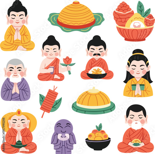 Buddhist Monk and Religious Offerings Illustration Set for Vesak Day or Nyepi Festival
