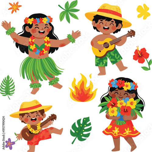 Cute Hawaiian Kids Character Set for Luau Party and Lei Day Celebration Illustration