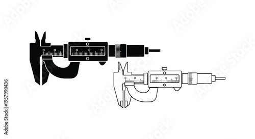 Two caliper illustrations demonstrate precision measurement tools in black silhouette