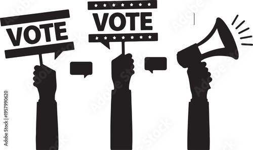 Black silhouette illustration of raised hands holding vote signs and a megaphone for an election