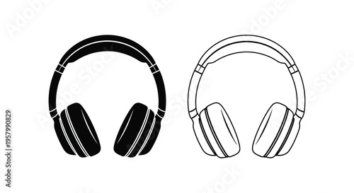Two headphone designs presented in contrasting black and white silhouette