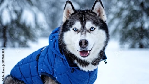 White and black dog in snow 