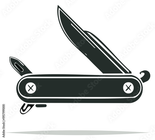 Iconic multitool pocket knife with blade extended for utility and camping adventure