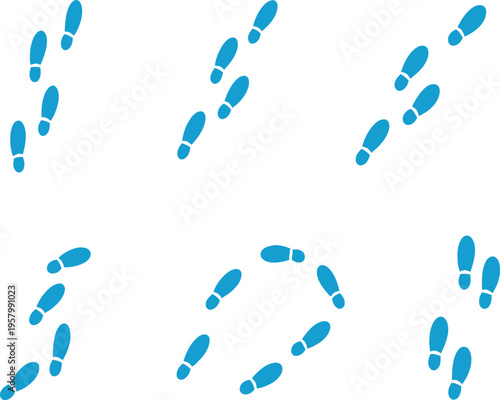 Cyan shoe print patterns arranged in geometric rows on transparent background vector
