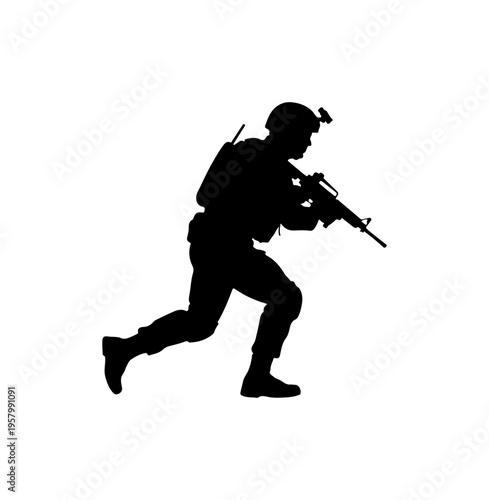 Military Soldier Running with Assault Rifle