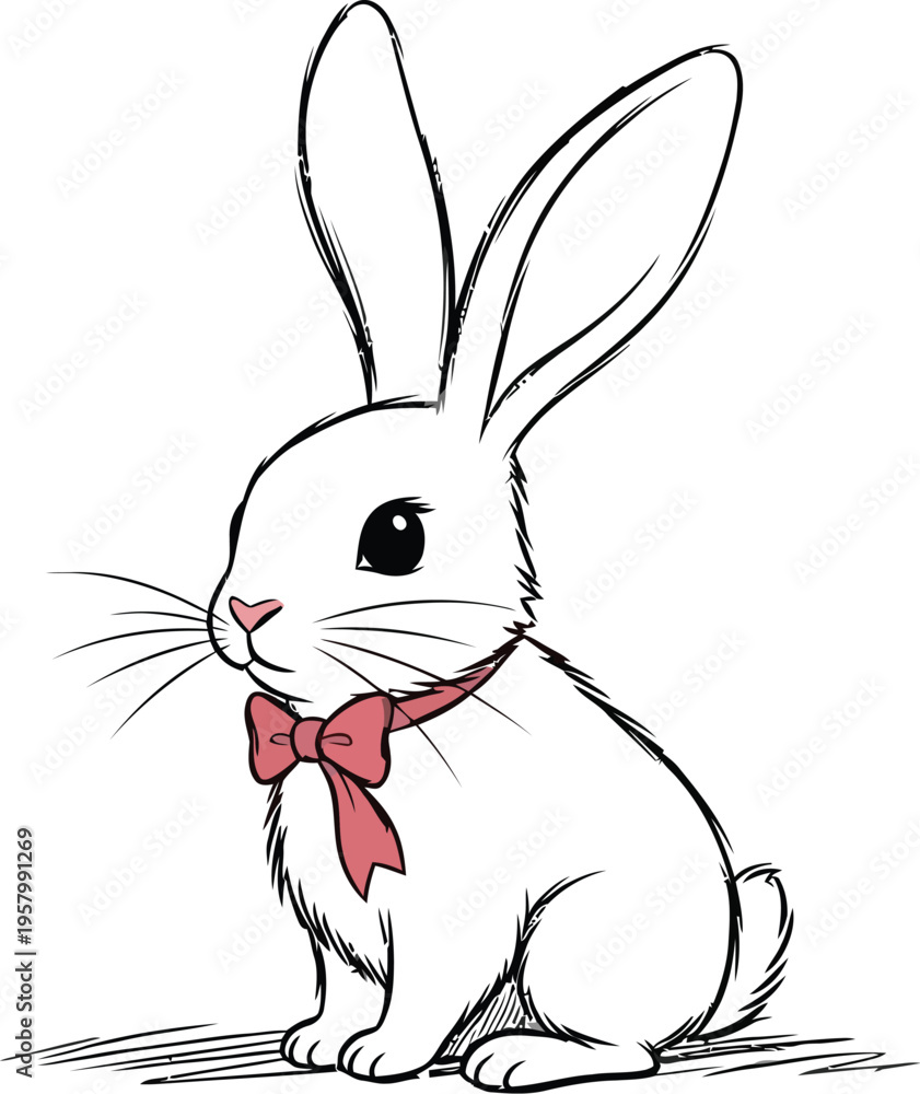 Fototapeta premium Cute white rabbit wearing a red bow tie sitting on the ground