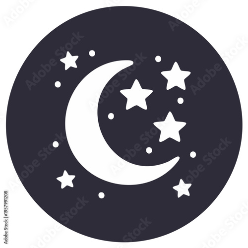 Stylized crescent moon and stars icon symbolizing night sky and dreams