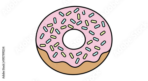 Pink frosted donut with sprinkles sweet.