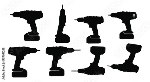 Various power drills displayed in stark black silhouettes