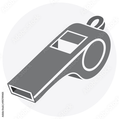 Gray Sports Whistle Icon on White Circle Background, Simple Vector Illustration