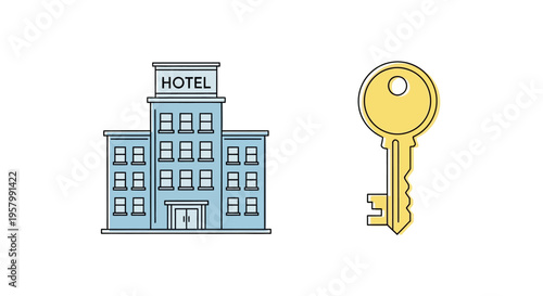 Hotel Key and Building Illustration.