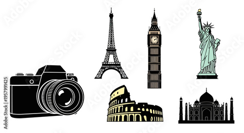 Camera and famous landmarks icons.