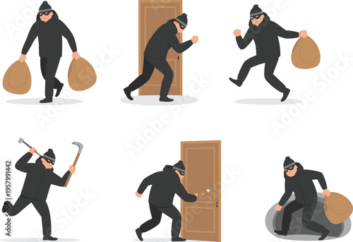 Cartoon burglar character set showing thief breaking into house, stealing bag, running away and digging hole in flat illustration style
