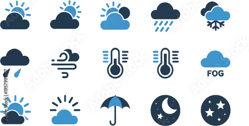 A collection of various weather icons on a white background