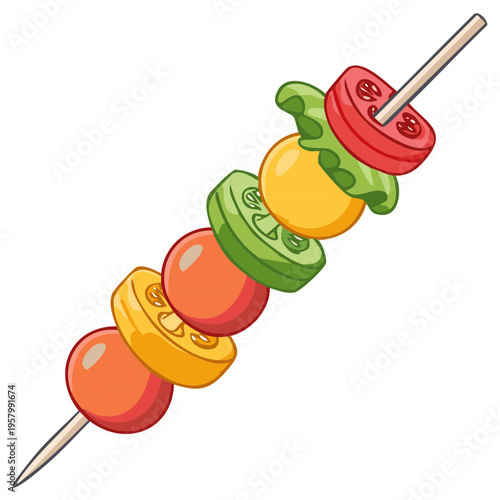 Colorful cartoon vegetable skewer with tomatoes and peppers, a healthy vegan kebab appetizer illustration