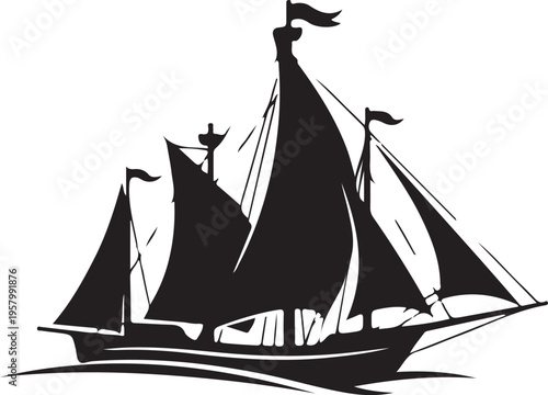 A minimalist black silhouette of an old sailing ship with multiple masts on a plain white background