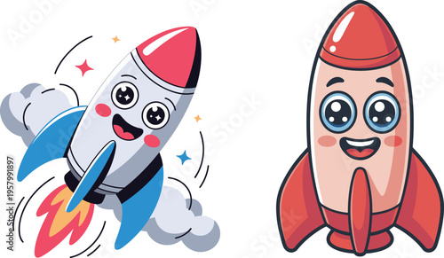 Cute cartoon rocket set with happy faces, colorful space ship characters, playful space exploration illustration isolated on light background