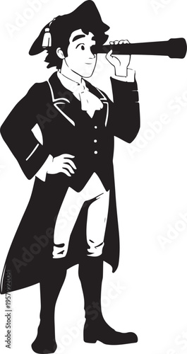 A black and white illustration of a colonial explorer looking through a handheld telescope lens