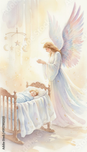 Guardian angel standing beside baby crib watching over sleeping child in soft pastel light scene. Concept of protection, innocence, divine care, safety and peaceful sleep