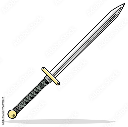Illustration of a hand-drawn steel sword with a wrapped grip, gold fittings, and sharp pointed blade on a white background.