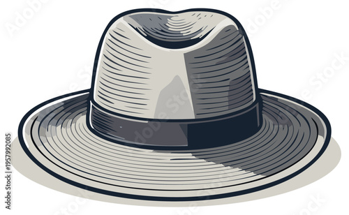 Classic fedora hat with ribbon band in a stylized illustrative vintage drawing