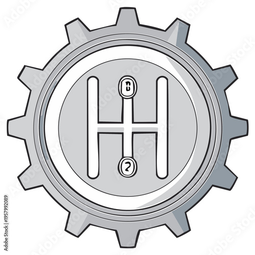 Manual Transmission Gear Shift Pattern Illustration - Shifting Mechanism in a Gray Cogwheel Icon