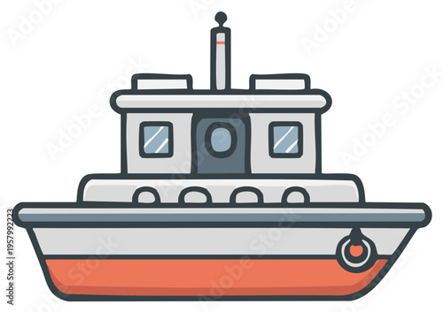 Cartoon Ship Illustration with White Cabin and Red Hull, Cute Sea Vessel