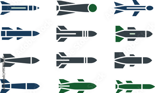 Minimal rocket icons set, flat design missiles and space rockets collection, simple geometric aerospace symbols isolated on light background