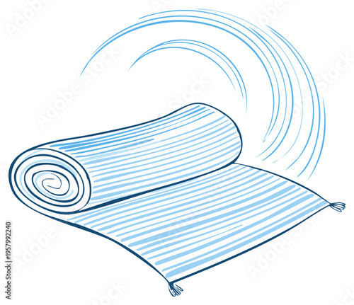 Cartoon stylized magic carpet floating and spiraling upward on a white backdrop.
