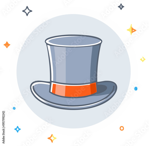 Classic Magician Top Hat with Orange Ribbon and Sparkles Vector Icon