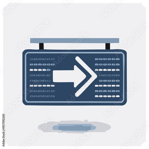 Hand-drawn blue signboard with white arrow and water stain showing direction