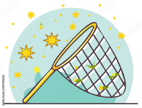 Cartoon net catching glowing stars and fireflies in a magical dreamscape illustration