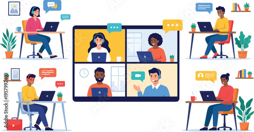 Remote team video conference meeting with professionals working from home, online collaboration, virtual communication, and digital teamwork across multiple locations