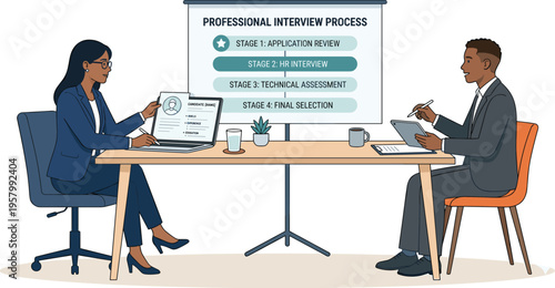 Professional job interview process with recruiter and candidate discussing application, HR screening, technical assessment, and final selection stages in office setting