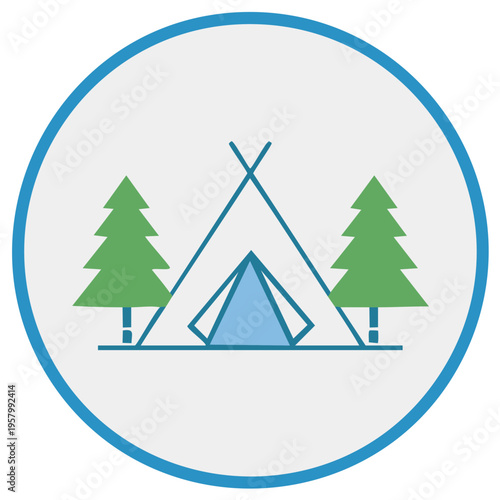 Camping Teepee Tent Evergreen Trees Simple Circle Icon Design