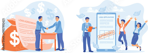 Business professionals finalizing and celebrating loan approval processes.