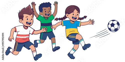 Little children kicking soccer ball towards goal flat style eps 10