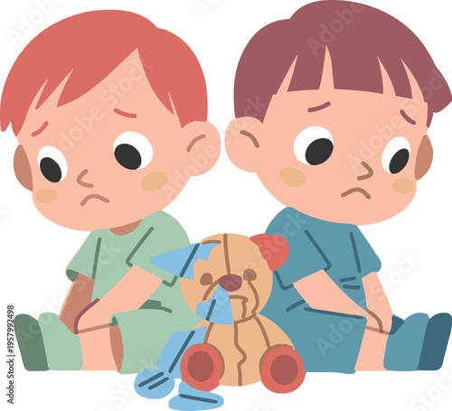 Sad children sitting with broken toy, poverty and hardship concept, childhood loss and emotional distress, cartoon illustration isolated on light background
