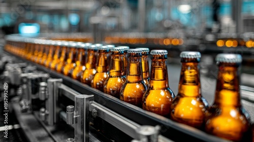 Beer bottles moving on conveyor belt in brewery