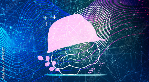 Psychotherapy concept. Problem solving, chaos and mess, difficult situation. Psychological help and mental health. Brain covered by safety helmet. Work safety and insurance.