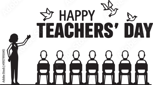 A minimalist black and white graphic illustration celebrating a happy teachers day in a classroom
