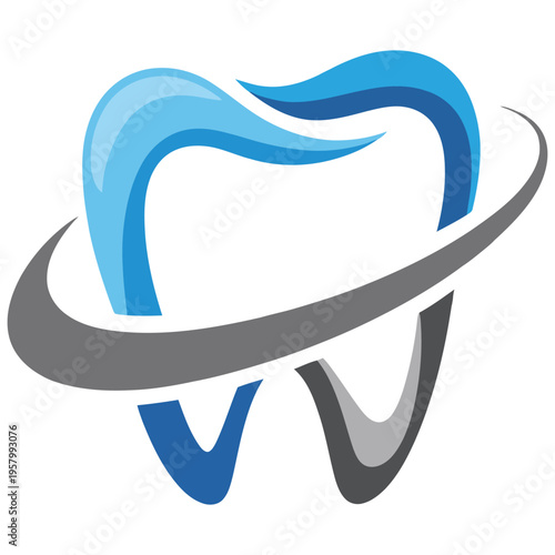 A stylized modern dental logo featuring a blue tooth icon with a sweeping grey orbital ring design