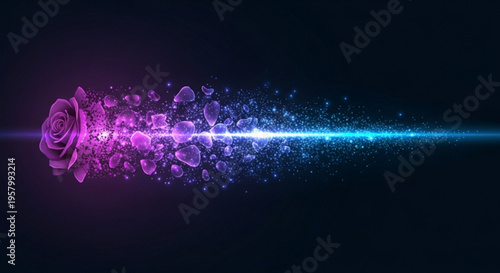 Vibrant purple rose explodes into sparkling particles and blue light beam on dark background symbolizing transformation and beauty