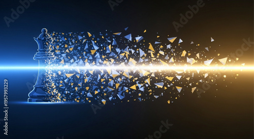 Disintegrating chess piece with glowing light beam on dark background symbolizing strategy and change
