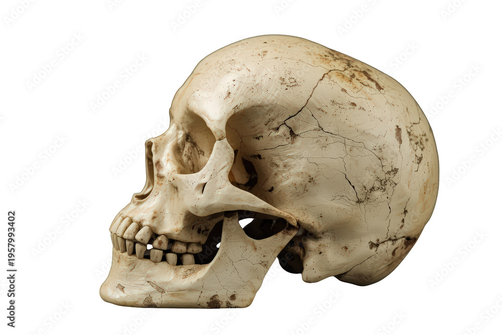 Fototapeta premium Skull with old bone texture and cracks in profile view, used for medical, educational, and historical themes on transparent background