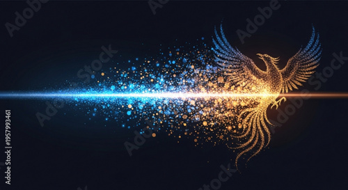 Golden phoenix bird with glowing blue and orange light wings spread wide emerging from particles on black background symbolizing rebirth and transformation